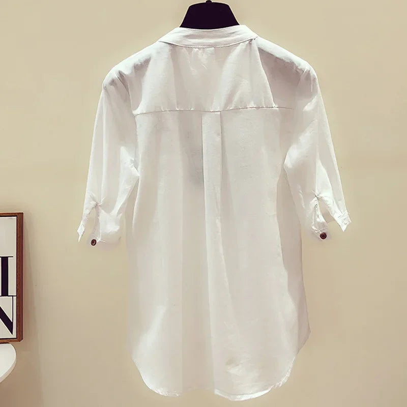 New V-Neck Shirts 2024 Summer Womens Clothes Loose women's Shirts Cotton White Blouse Elegant Embroidery Tops and Blouses 3140
