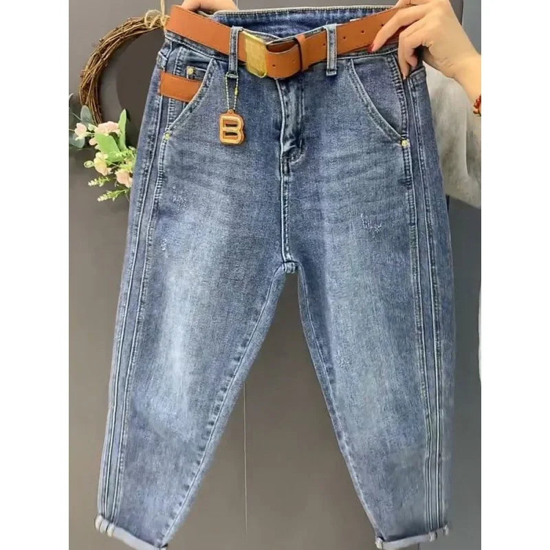 Vintage Stretchy Soft Women's Jeans Loose-fit Slimming Cropped Pants Wide Hips Thick Legs Fashionable Dad-style Harem Pants