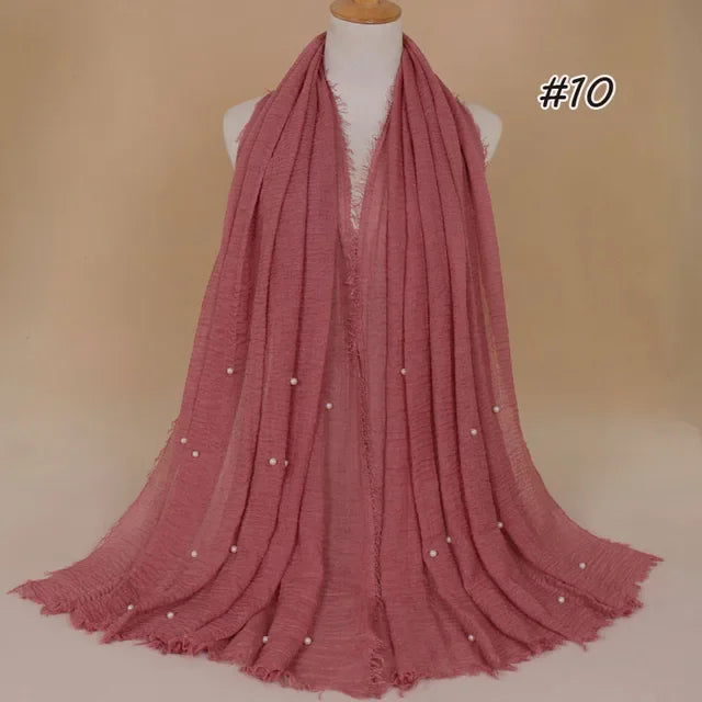 Plain Crinkled Cotton Muslim Hijab Scarf Women Ladies Scarfs Shawls Tassel Head Wrap Pearl Beads Head Scarves Soft Muffler Stole