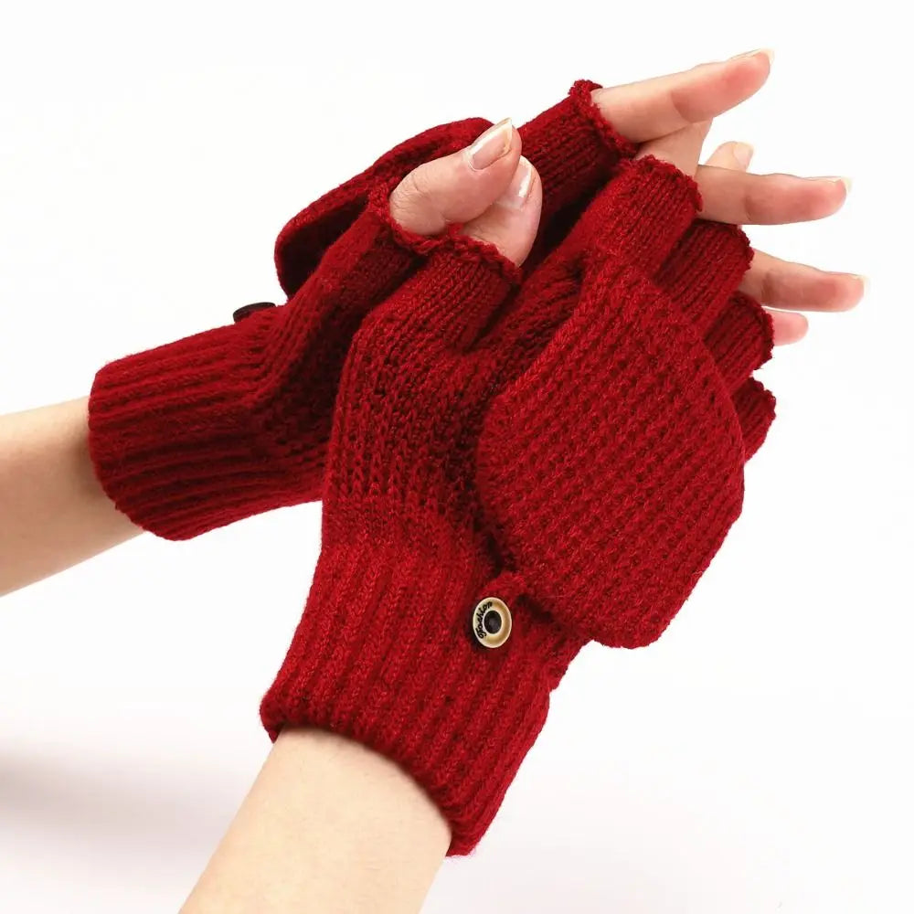Women Winter Warm Gloves Thickening Wool Gloves Knitted Flip Fingerless Exposed Finger Thick Gloves Without Fingers Mittens