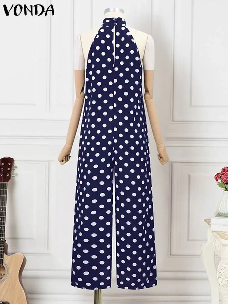 Plus Size 5XL VONDA Women Summer Party Romper Sexy Halter Jumpsuits Casual Sleeveless Polka Dot Printed Bohemian Loose Overalls