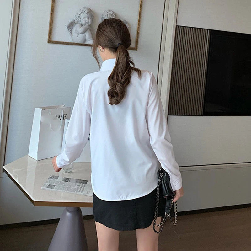 New Women's Shirts 2024 Summer Korean Style Black White Office Ladies Shirt Casual Long Sleeve Turndown Collar Career OL Blouses