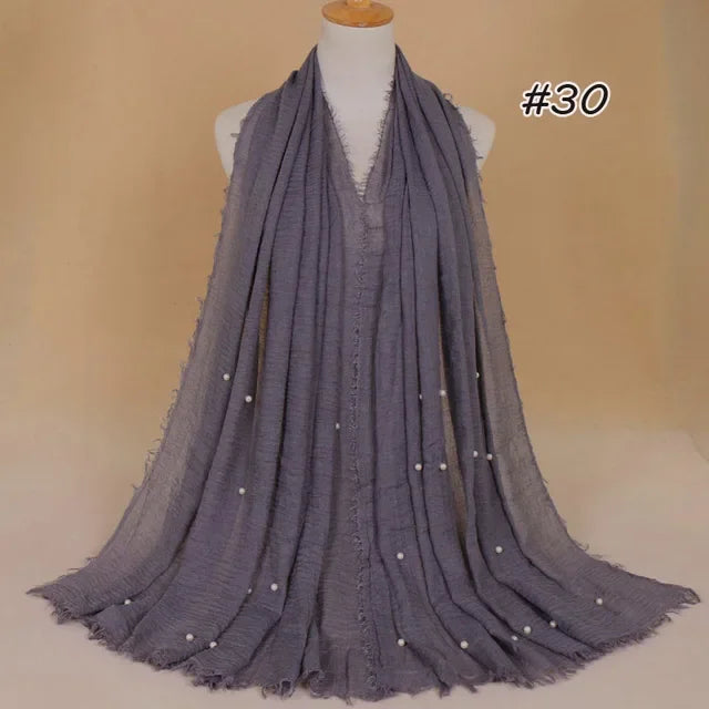 Plain Crinkled Cotton Muslim Hijab Scarf Women Ladies Scarfs Shawls Tassel Head Wrap Pearl Beads Head Scarves Soft Muffler Stole
