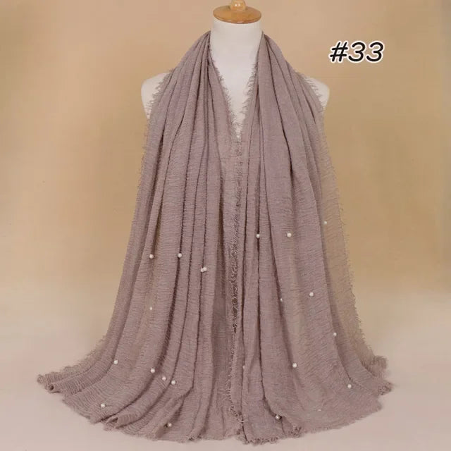 Plain Crinkled Cotton Muslim Hijab Scarf Women Ladies Scarfs Shawls Tassel Head Wrap Pearl Beads Head Scarves Soft Muffler Stole