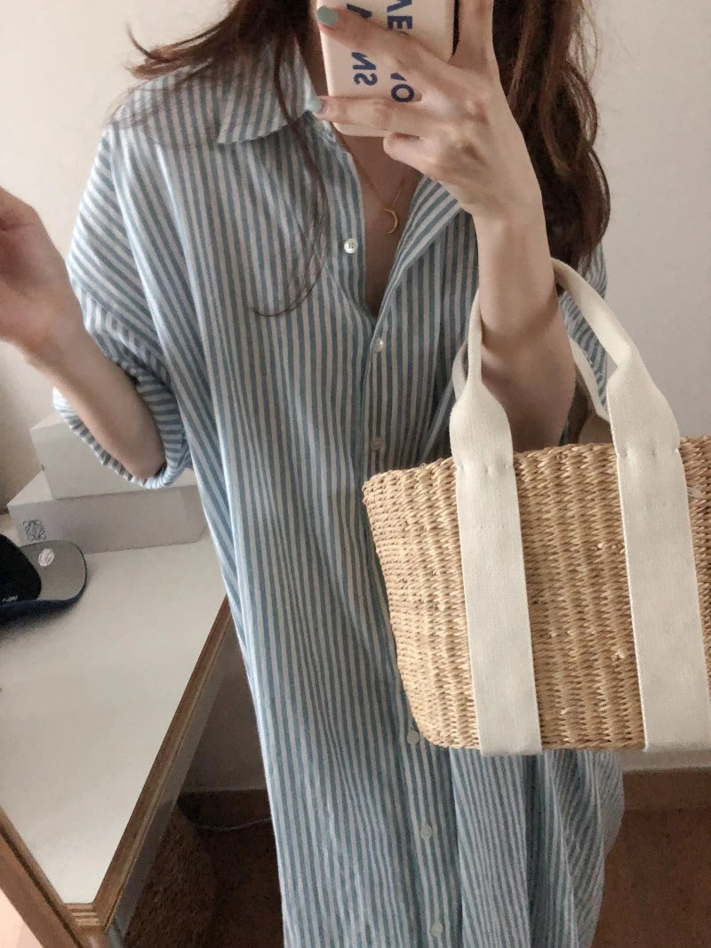 REALEFT Summer Vintage Striped Women's Shirts Dresses 2024 New Short Sleeve Single Breasted Casual Loose Long Dress Female