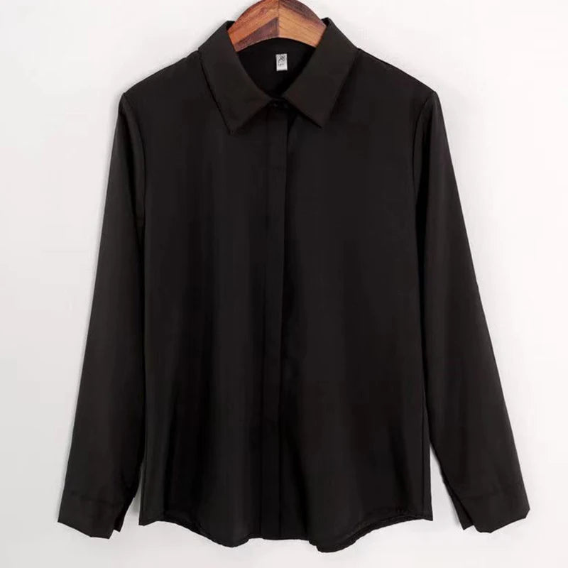 New Women's Shirts 2024 Summer Korean Style Black White Office Ladies Shirt Casual Long Sleeve Turndown Collar Career OL Blouses