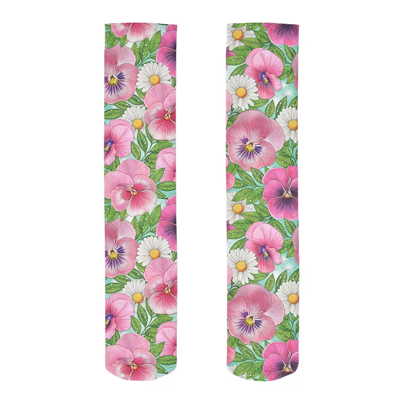 Fashion Trend Flower Print Harajuku Knee Socks Summer Rose Small Daisy Calf Socks Japanese Wild High Tube Sweet Stockings Women