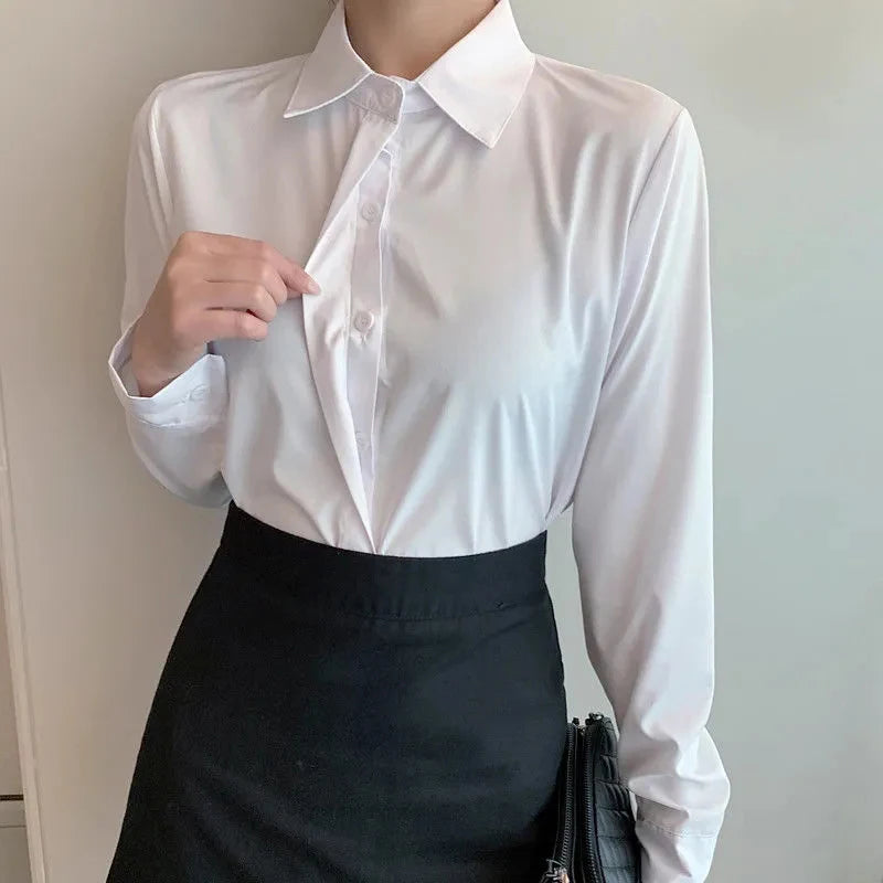 New Women's Shirts 2024 Summer Korean Style Black White Office Ladies Shirt Casual Long Sleeve Turndown Collar Career OL Blouses