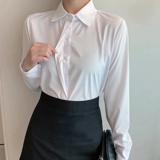 New Women's Shirts 2024 Summer Korean Style Black White Office Ladies Shirt Casual Long Sleeve Turndown Collar Career OL Blouses