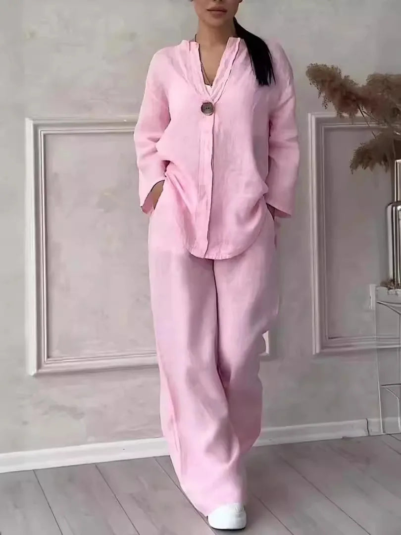 Women's Cotton and Linen Pants Suit Casual Solid Color Pullover Pants 2-piece Set White Pink