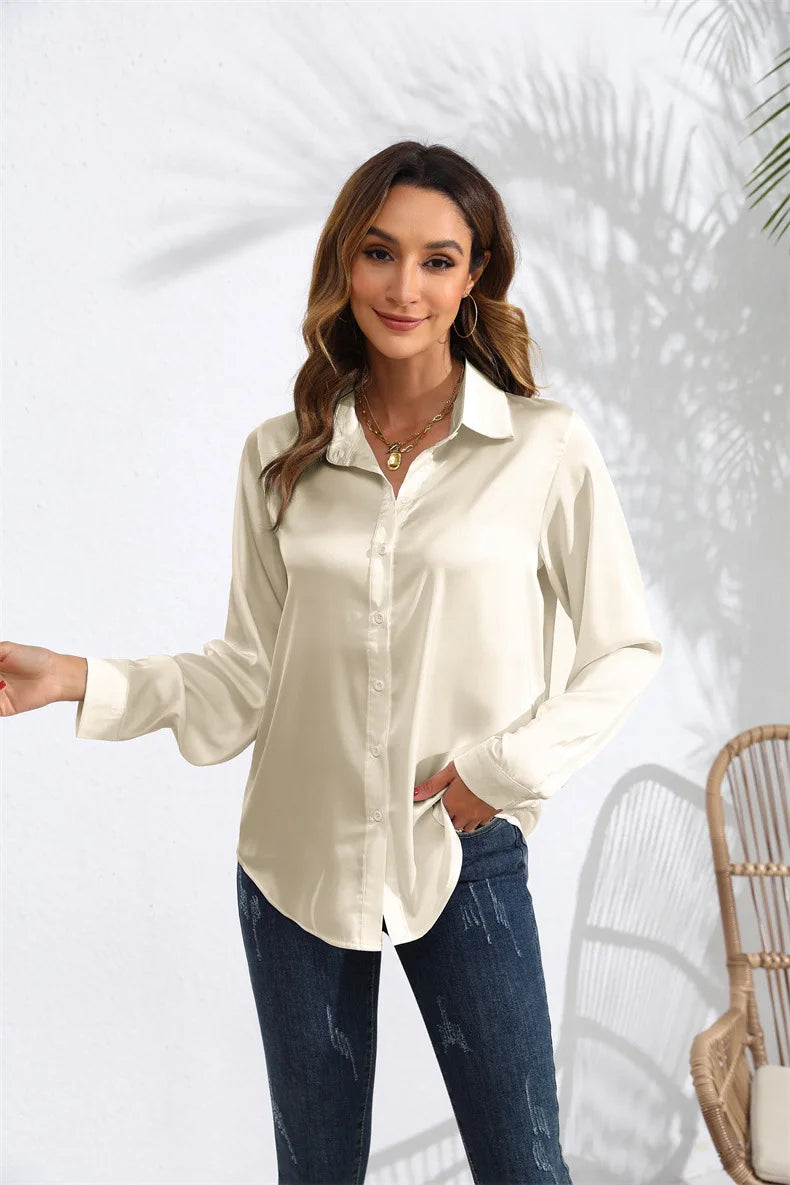 Spring and Autumn real photography in Europe and the United States women's solid color satin sateen long-sleeved women's shirts