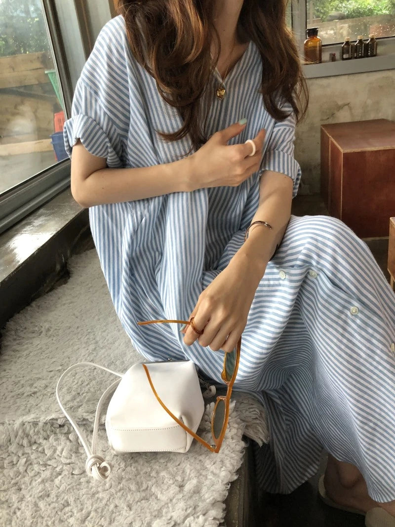 REALEFT Summer Vintage Striped Women's Shirts Dresses 2024 New Short Sleeve Single Breasted Casual Loose Long Dress Female