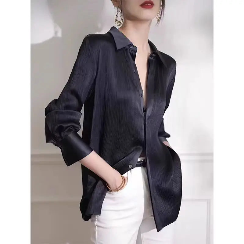 Women's Shirts Spring New Black Satin Texture Loose Long-sleeved Blouse Elegant Office Lady Work Wear Fashion Female Clothing
