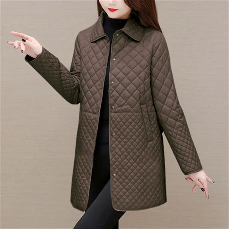Autumn Winter Women Midi Plaid Quilted Coats Fashion Female Korean Clothing New Solid Casual Thicken Warm Long Sleeve Jackets