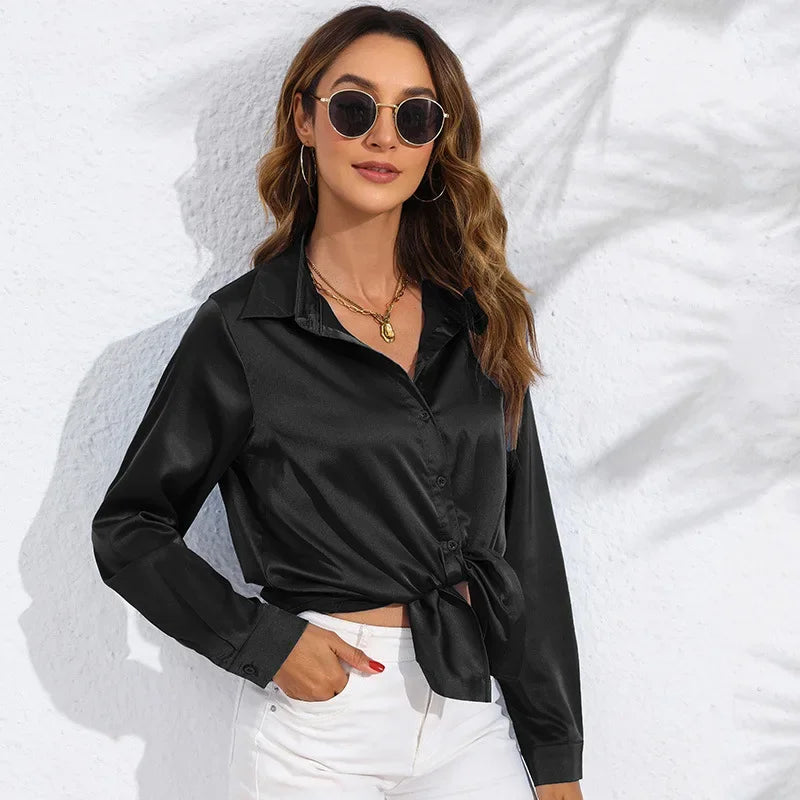 Spring and Autumn real photography in Europe and the United States women's solid color satin sateen long-sleeved women's shirts