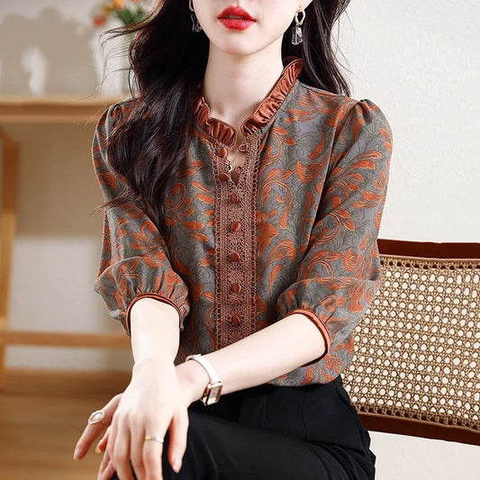 Spring and Summer New Women's Shirts Loose Fashion Casual Printing Pullover Half Neck Button Commuter Elegant Vacation Tops