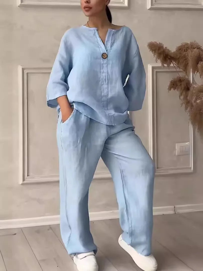 Women's Cotton and Linen Pants Suit Casual Solid Color Pullover Pants 2-piece Set White Pink