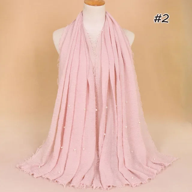Plain Crinkled Cotton Muslim Hijab Scarf Women Ladies Scarfs Shawls Tassel Head Wrap Pearl Beads Head Scarves Soft Muffler Stole