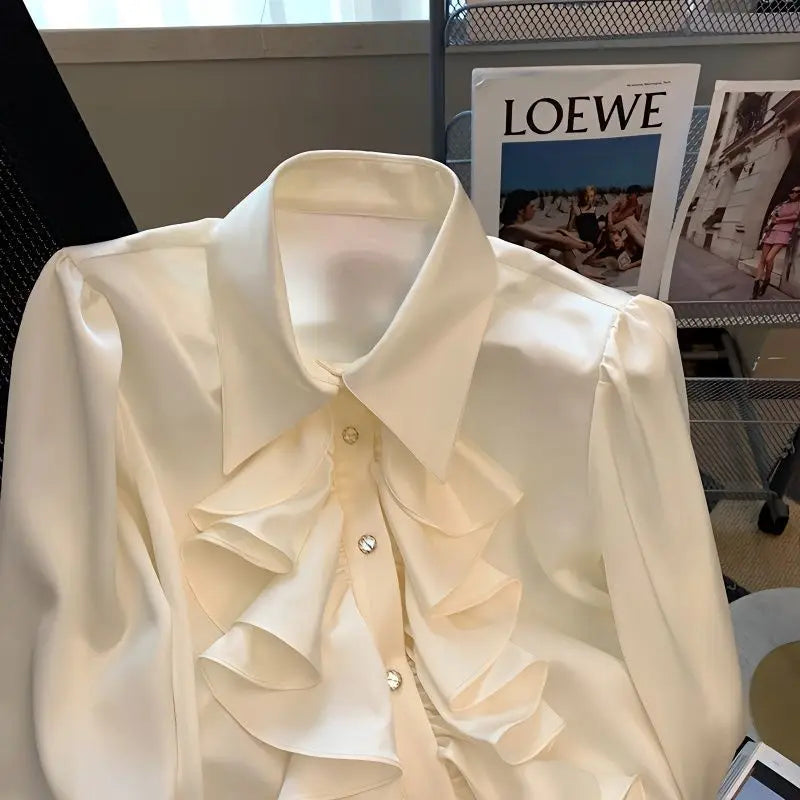 Spring Autumn New Fashion Polo Neck Long Sleeved Blouse Solid Color Casual Versatile Clothing Commuter Western Women's Shirts