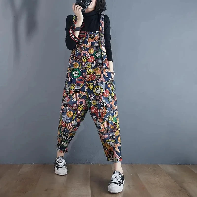 Printed Denim Strap Pants For Women's Jeans 2024 Spring Summer New High Waisted Versatile Loose Fitting Jumpsuit Female