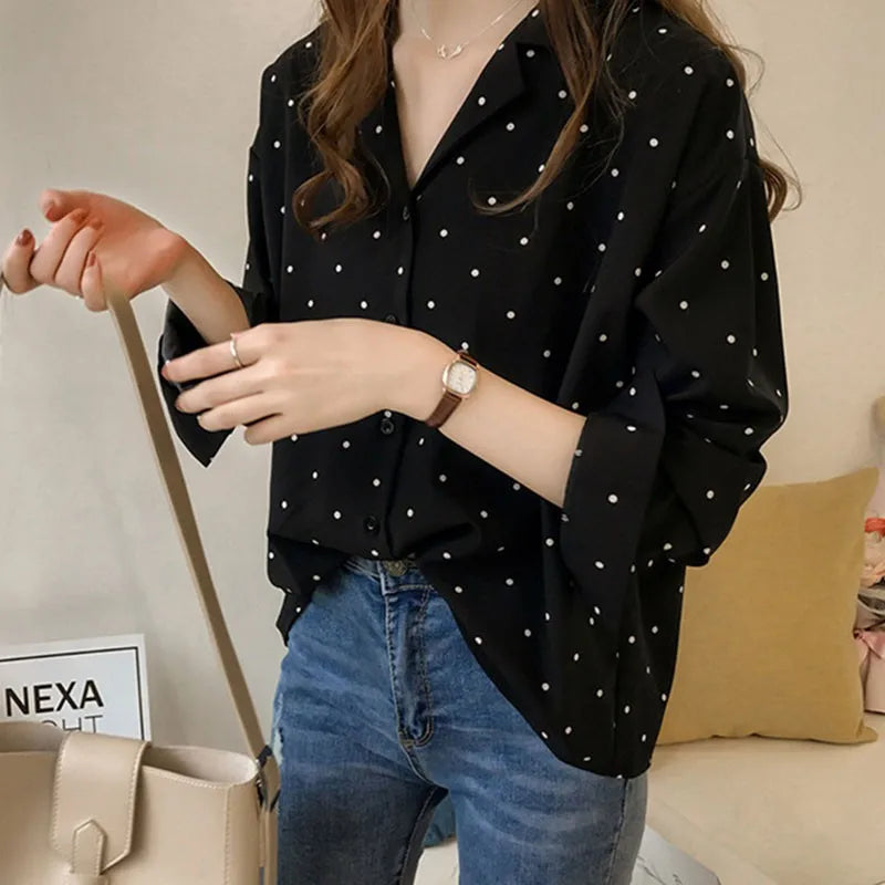 Women's Shirts Dot Print Button Turn-down Collar Long Sleeve Chiffon Blouse