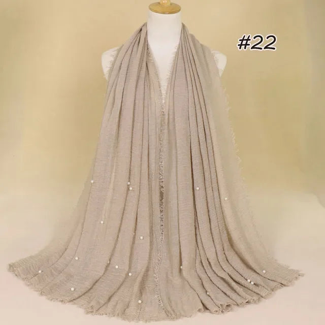 Plain Crinkled Cotton Muslim Hijab Scarf Women Ladies Scarfs Shawls Tassel Head Wrap Pearl Beads Head Scarves Soft Muffler Stole