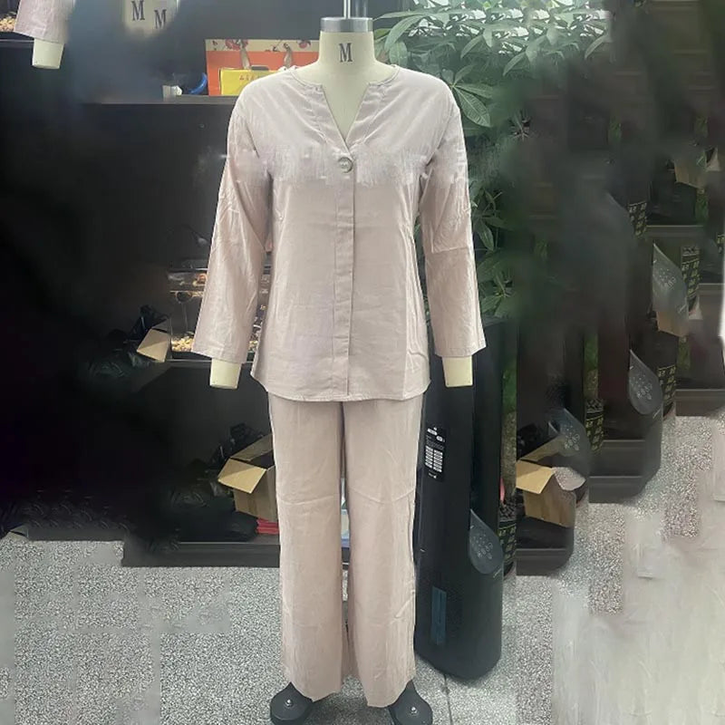 Women's Cotton and Linen Pants Suit Casual Solid Color Pullover Pants 2-piece Set White Pink