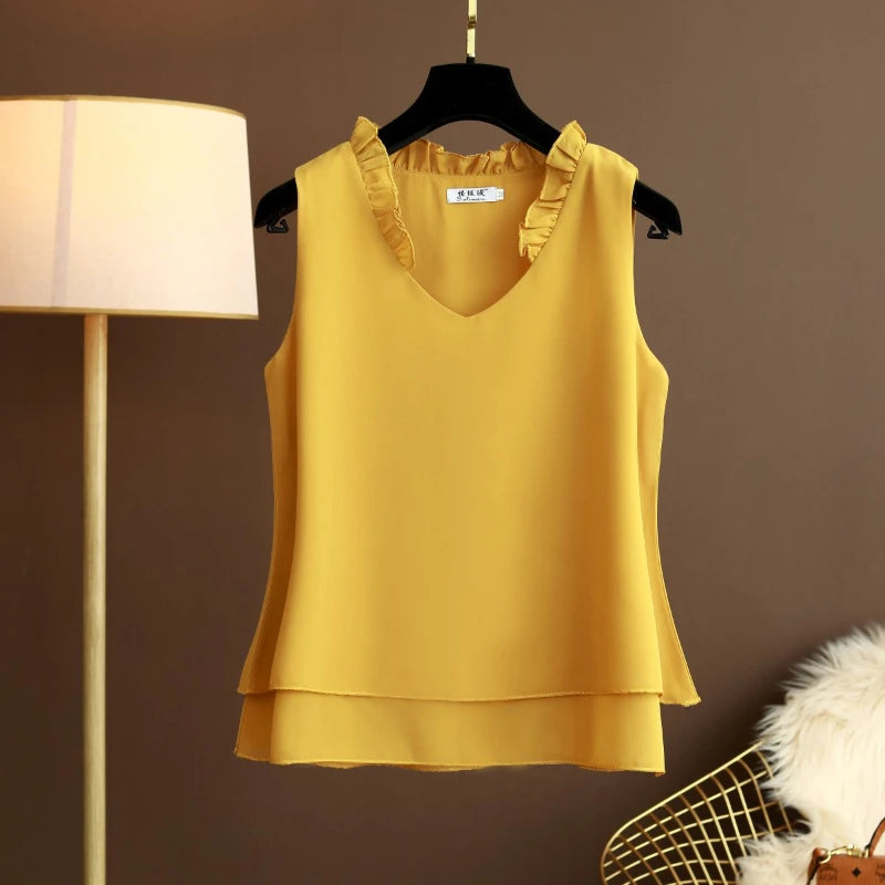New Summer Loose V-Neck Sleeveless Chiffon Shirts Women's Tops Large Size Women's Shirts Women's Clothes Top  Blusas De Mujer