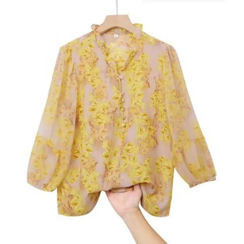 Spring and Summer New Women's Shirts Loose Fashion Casual Printing Pullover Half Neck Button Commuter Elegant Vacation Tops