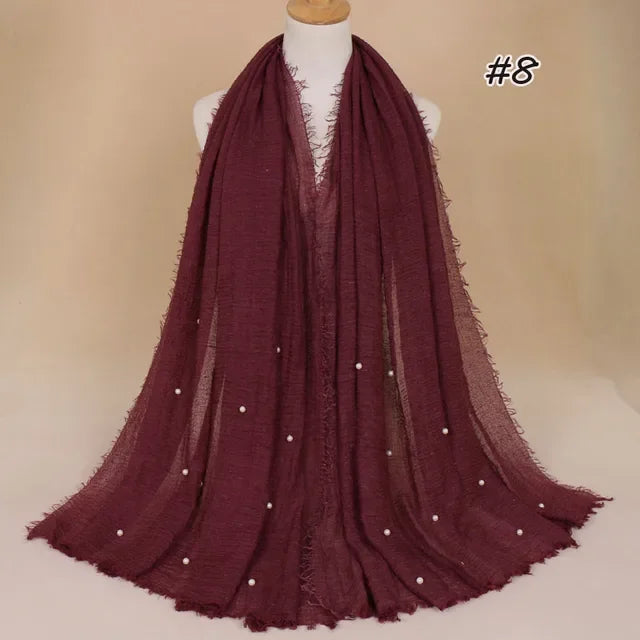 Plain Crinkled Cotton Muslim Hijab Scarf Women Ladies Scarfs Shawls Tassel Head Wrap Pearl Beads Head Scarves Soft Muffler Stole