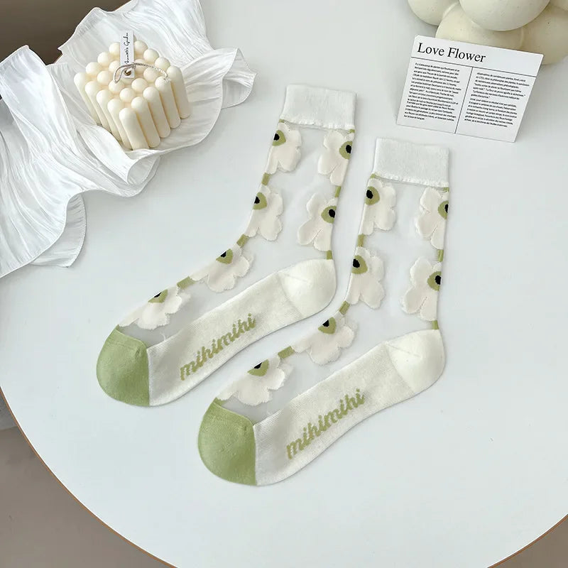 Plaid Sexy Lace Transparent Woman Socks Summer Breathable Ultra-Thin Socks Women Korean Harajuku Streetwear Crystal Silk Socks