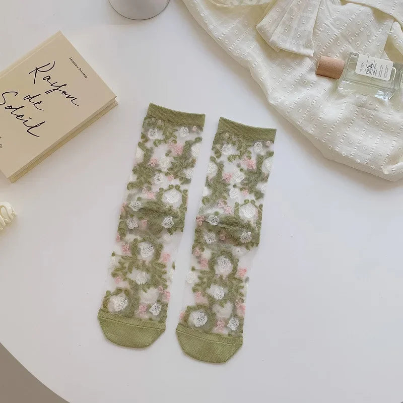 Summer Ultra-thin Crystal Silk Socks Floral Embroidery Harajuku Retro Elastic Long Socks Mesh Fishnet Transparent Lace Socks Sox