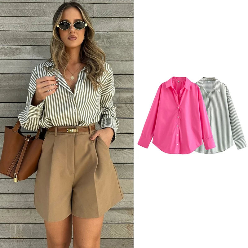 TRAF Women's Shirts Summer Tops 2024 New Chic Striped Loose Blouses Street Elegant Joker Youth Women's Shirt Tops