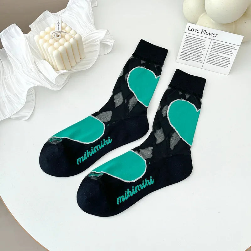 Plaid Sexy Lace Transparent Woman Socks Summer Breathable Ultra-Thin Socks Women Korean Harajuku Streetwear Crystal Silk Socks