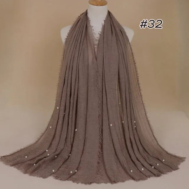 Plain Crinkled Cotton Muslim Hijab Scarf Women Ladies Scarfs Shawls Tassel Head Wrap Pearl Beads Head Scarves Soft Muffler Stole