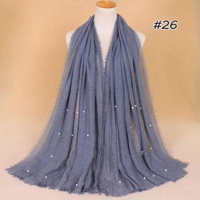 Plain Crinkled Cotton Muslim Hijab Scarf Women Ladies Scarfs Shawls Tassel Head Wrap Pearl Beads Head Scarves Soft Muffler Stole