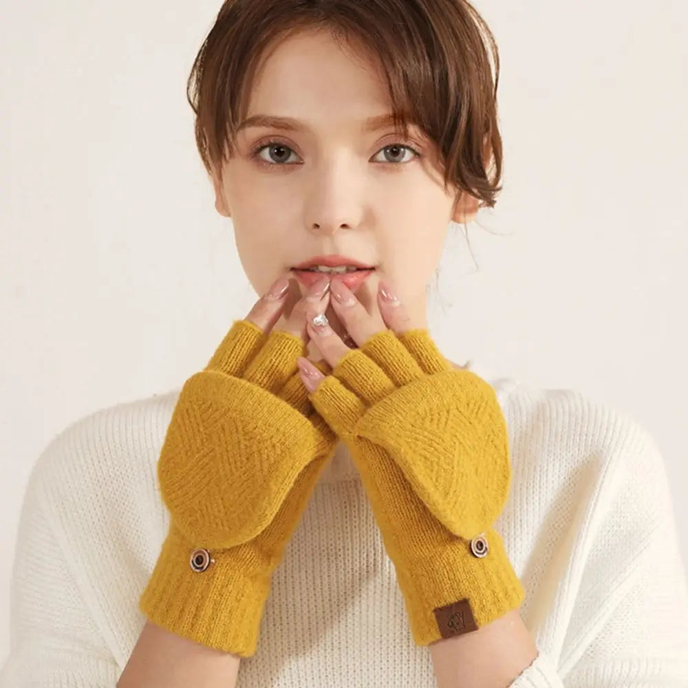 Women Winter Warm Gloves Thickening Wool Gloves Knitted Flip Fingerless Exposed Finger Thick Gloves Without Fingers Mittens