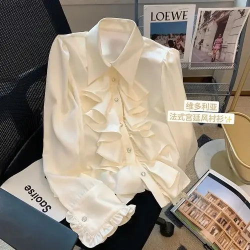 Spring Autumn New Fashion Polo Neck Long Sleeved Blouse Solid Color Casual Versatile Clothing Commuter Western Women's Shirts