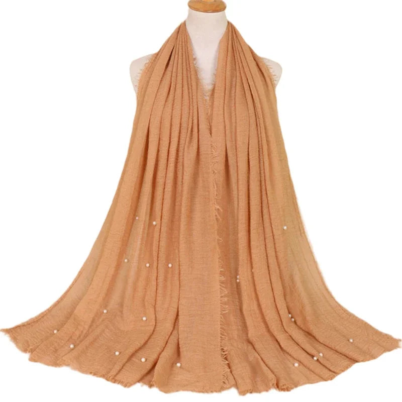 Plain Crinkled Cotton Muslim Hijab Scarf Women Ladies Scarfs Shawls Tassel Head Wrap Pearl Beads Head Scarves Soft Muffler Stole