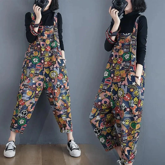Printed Denim Strap Pants For Women's Jeans 2024 Spring Summer New High Waisted Versatile Loose Fitting Jumpsuit Female