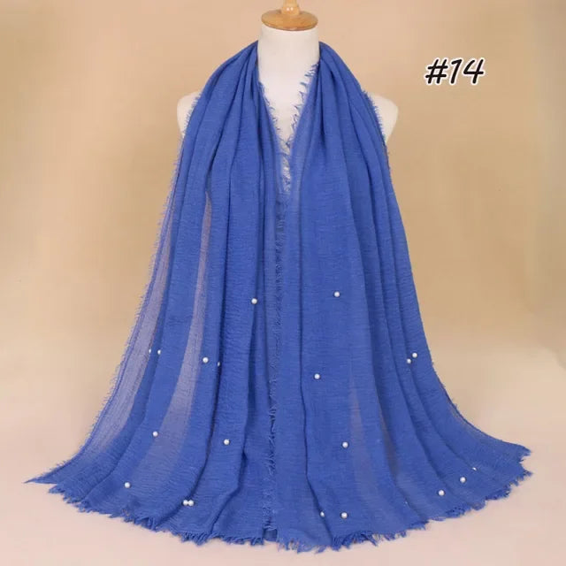 Plain Crinkled Cotton Muslim Hijab Scarf Women Ladies Scarfs Shawls Tassel Head Wrap Pearl Beads Head Scarves Soft Muffler Stole