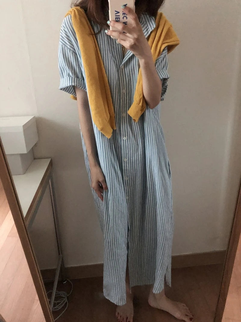 REALEFT Summer Vintage Striped Women's Shirts Dresses 2024 New Short Sleeve Single Breasted Casual Loose Long Dress Female