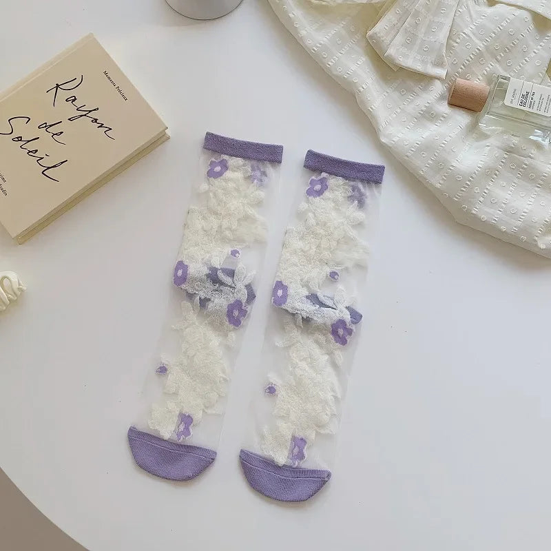 Summer Ultra-thin Crystal Silk Socks Floral Embroidery Harajuku Retro Elastic Long Socks Mesh Fishnet Transparent Lace Socks Sox