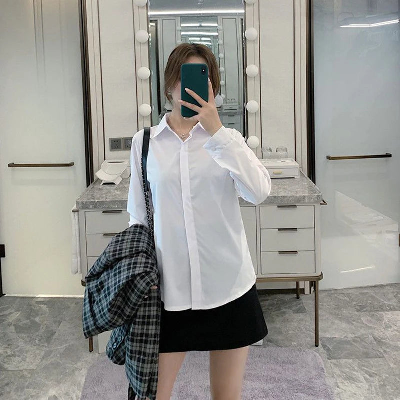 New Women's Shirts 2024 Summer Korean Style Black White Office Ladies Shirt Casual Long Sleeve Turndown Collar Career OL Blouses