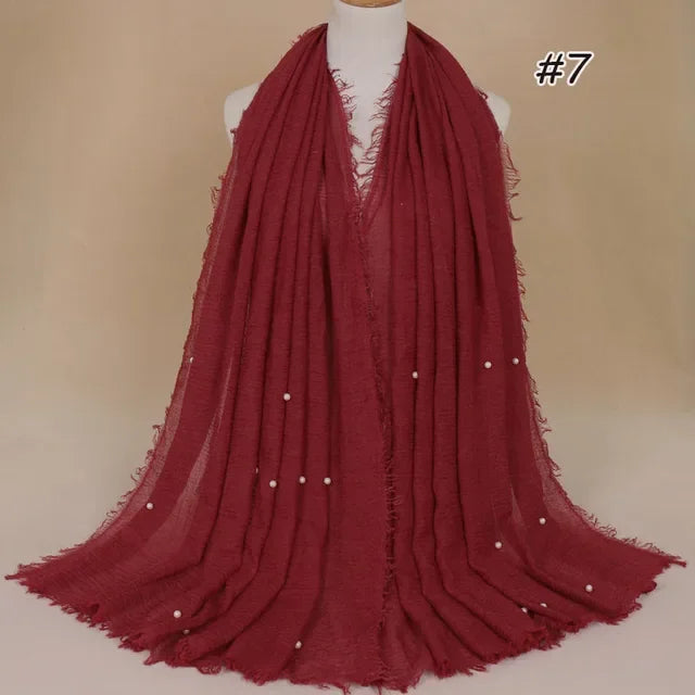 Plain Crinkled Cotton Muslim Hijab Scarf Women Ladies Scarfs Shawls Tassel Head Wrap Pearl Beads Head Scarves Soft Muffler Stole