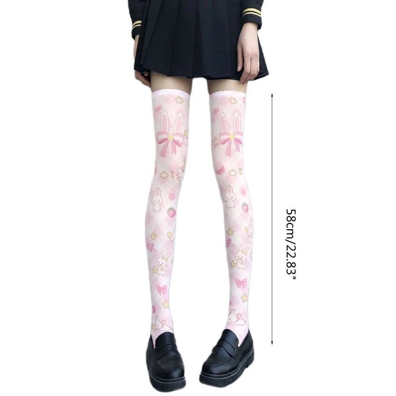 Women Lolita Cartoon Rabbit for Cat Printed Thigh High Stockings Japanese Anime Kawaii Strawberry Cosplay Over Knee Sock