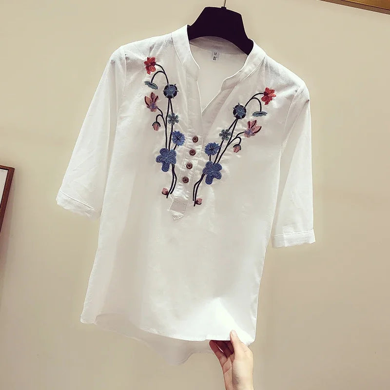 New V-Neck Shirts 2024 Summer Womens Clothes Loose women's Shirts Cotton White Blouse Elegant Embroidery Tops and Blouses 3140
