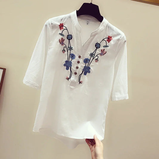 New V-Neck Shirts 2024 Summer Womens Clothes Loose women's Shirts Cotton White Blouse Elegant Embroidery Tops and Blouses 3140