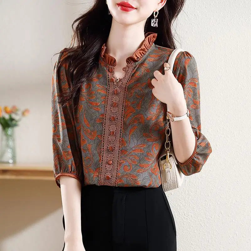 Spring and Summer New Women's Shirts Loose Fashion Casual Printing Pullover Half Neck Button Commuter Elegant Vacation Tops