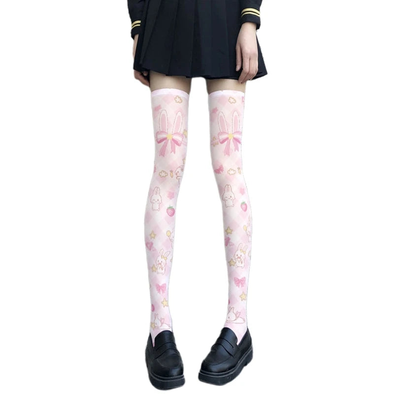 Women Lolita Cartoon Rabbit for Cat Printed Thigh High Stockings Japanese Anime Kawaii Strawberry Cosplay Over Knee Sock